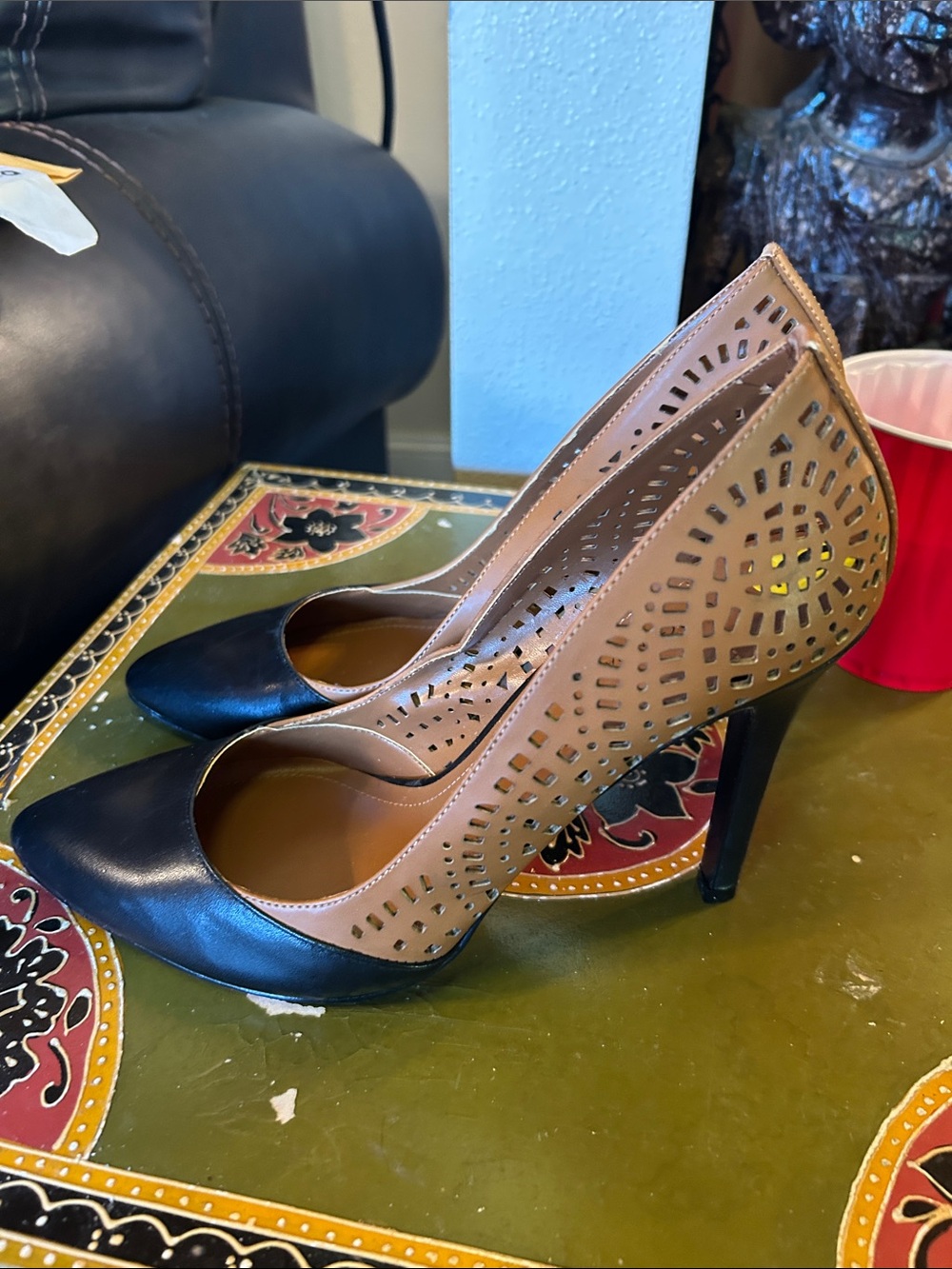 BCBGeneration Black and Tan Laser-Cut Pointed-Toe Pumps - Picture 4 of 5